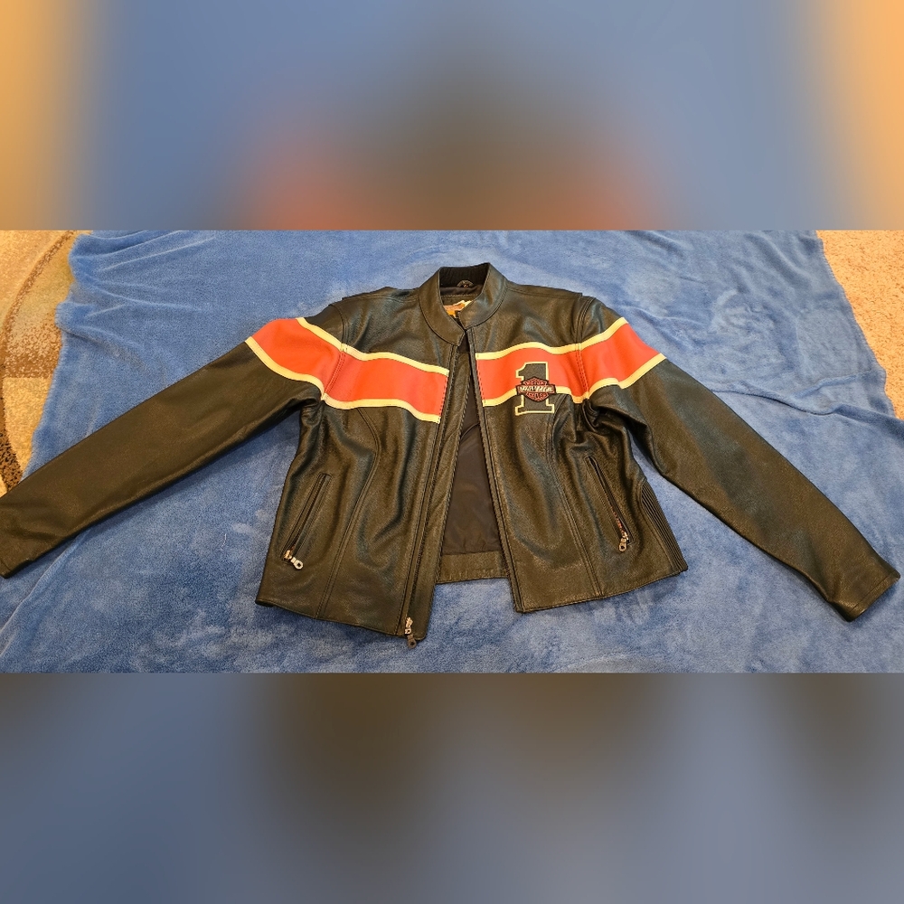 Women's Harley-Davidson Black and Orange Leather Jacket XL Barely Worn